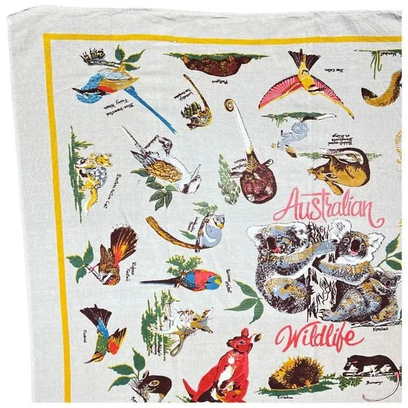 Vintage Wildlife Of Australia Linen Tablecloth Wall Hanging Koala Bear 52” X 45” - Picture 4 of 9